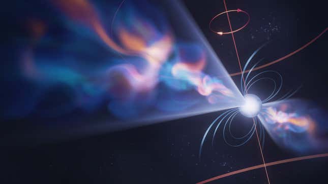 An artist's impression of a pulsar—a rapidly spinning neutron star.