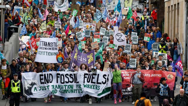 Protestors rally against fossil fuels on September 16, 2023 in Edinburgh, Scotland. 