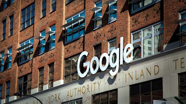 Google sign in front of the Google building, 111 Eighth Avenue, with New York Authority text underneath.