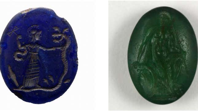 Intaglio in blue glass (left) and Hellenistis plasma intaglio (right)